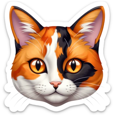 Cinematic Noble Calico Cat Portrait Emoji, Poised and regal, with a striking patchwork fur in vibrant orange, black, and white hues, delicate whiskers and a refined, focused gaze, simplified yet exquisitely detailed, glowing with a soft, moonlit radiance and an air of aristocratic elegance, high shine, exuding dignified intelligence and poised authority, soft glowing outline, capturing the essence of a watchful and noble calico cat that appears ready to grace the screen with effortless majesty! sticker