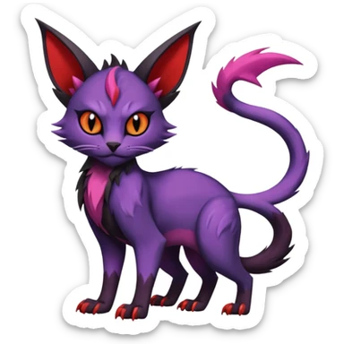 Black edgy Noivern-Noibat-Purloin-Torracat-Lykoi-Caracal-cat-Fakemon-fusion-hybrid-creature with violet and red scale markings sticker