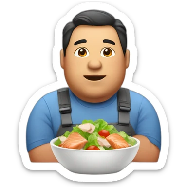 a fat man that eats a salad made of chicken and salmon sticker