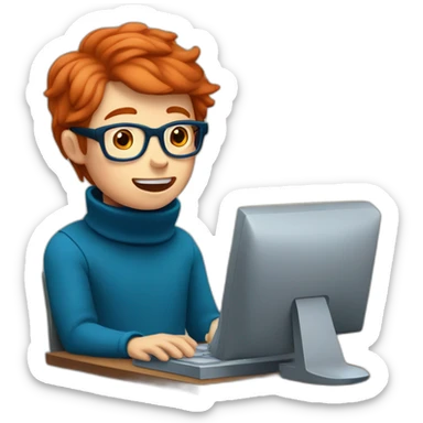 a red-haired boy with glasses and blue eyes in a turtleneck works at the computer and sings sticker