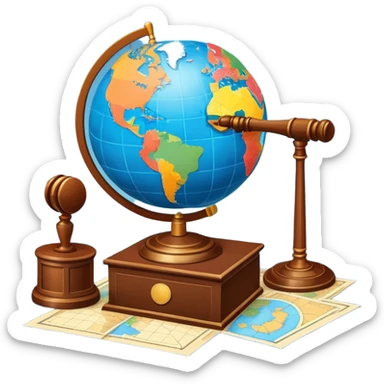 An icon featuring a globe with a gavel and a political map, symbolizing political science. The design includes a ballot box and a podium, representing democracy and governance. Transparent background highlights the study of political systems and global relations. sticker