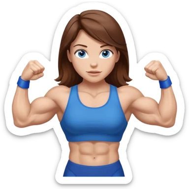 Girl with brown hair, blue eyes and really muscular arms, flexing her muscles sticker