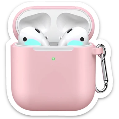 Pastel pink AirPods case, soft lighting, minimal background sticker