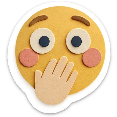surprised face with hand over mouth, wide eyes, pink cheeks, paper craft style sticker