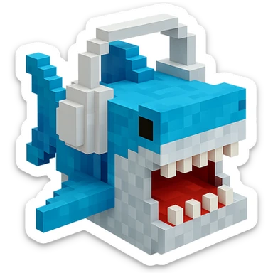 voxel style shark with white headphones, open mouth, blocky, blue and silver, no background sticker