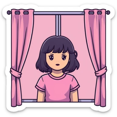 White girl with chest length black wavy hair with curtain bangs, gray eyes, wearing a pink top sticker
