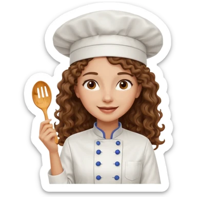 Long curly hair, happy, wearing chef uniform and chef hat sticker