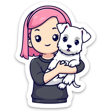 Pink-haired girl holding a white schnauzer dog sticker