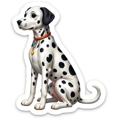 cinematic-[dalmatian dog]-realistic-full-body-sitting-emoji,-tail-resting-loosely-beside-its-paws,-head-tilted-dramatically,-sleek-[spotted]-fur,-simplified-yet-realistic-focused-features,-highly-detailed,-glowing-with-an-almost-sarcastic-glow sticker