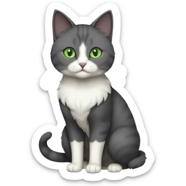 full body view of beautiful female solid dark grey cat with green eyes, white toes and white patch on chest sticker
