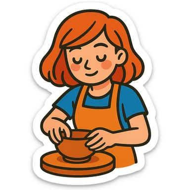 vibrant toon style girl with shoulder-length red hair making a bowl with clay sticker
