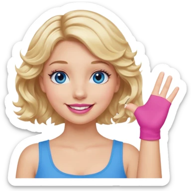 Girl Blonde short wavy hair,  blue eyes, cute blue top, long lashes, pink lips, smiling, hand in the air sticker
