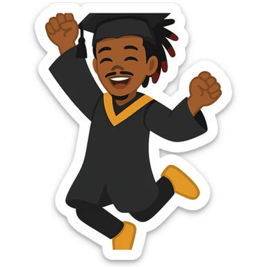 Create a male African American graduate emoji with the hairstyle and features from the reference photo, wearing a graduation cap and gown, jumping in the air with excitement. No background. sticker