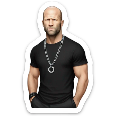 Jason Statham wearing men silver chain on a black tshirt,styled,cool sticker