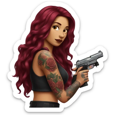 Beautiful tattooed burgundy long haired woman with a gun sticker