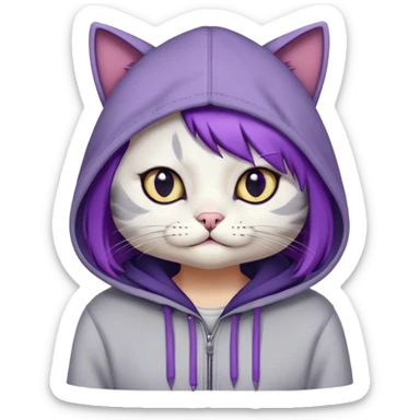 Stylized cat with purple bob styled hair, large circular half-lidded eyes with black eyeliner, a small oval nose, a permanent grimace, dark gray fur, off-white hoodie sticker