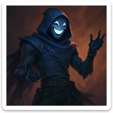 Valorant Omen character, happy expression, smiling mask, playful body language, game-accurate style, detailed, dramatic lighting sticker