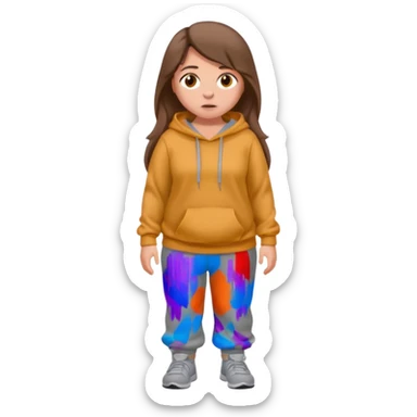 Chica grande  asustada de cuerpo completo mirado a la izquierda con pelo castaño largo y piel blanca  pantalones baggy  grises y hoodie gris  sticker