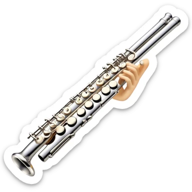 Cinematic Realistic Flute, polished silver metal with precise keywork, warm golden reflections dancing along its surface, soft hands carefully positioned over the keys, glowing with an elegant and airy charm. sticker