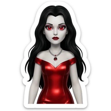Countess Dracula with red eyes, long black hair, red metallic long dress, silver necklace sticker