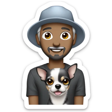 man blue eyes gray hair gray goatee ball cap holding black longhair chihuahua  sticker