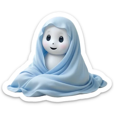 An adorable, peacefully floating sheet-like ghost in gentle pastel whites and blues, its soft, rounded form loosely draped, head resting with closed, serene sparkling eyes and a tiny, contented smile, simplified yet irresistibly charming, highly detailed, with a soft glowing outline that captures the essence of a sleepy, endearing spirit wrapped in cozy slumber! sticker
