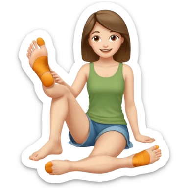 a woman sitting barefoot with one talking detailed pretty face on each foot's sole sticker