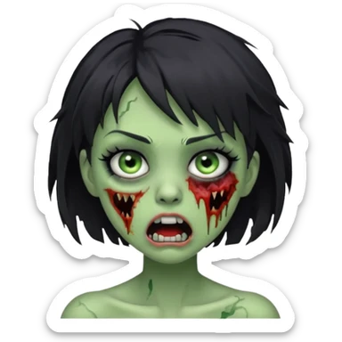 Green zombie girl with messy black short hair with lashes and torn cheek and open mouth  sticker