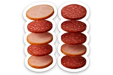 fettine di prosciutto cotto e di salame fluttuano in aria verticalmente, IPERREALISTICA 4K sticker