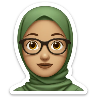 Fair skin hijabi with dark green glasses and brown eyes and a mole on the chin sticker