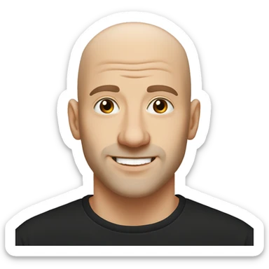 White man bald and middle bard brown eyes and happy face, black tshirt sticker