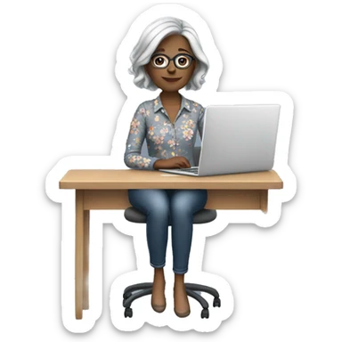 White female Teacher sitting at desk with a laptop shoulder length grey hair wearing glasses jeans and a flower shirt sticker