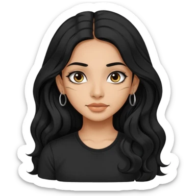 a pretty indian bratz girl with wavy long black hair, wearing a black tshirt, eyeliner on. no earrings sticker