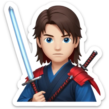 A 14 year old with red glowing katana and his hair be long and eye colour of blue make it boy  sticker
