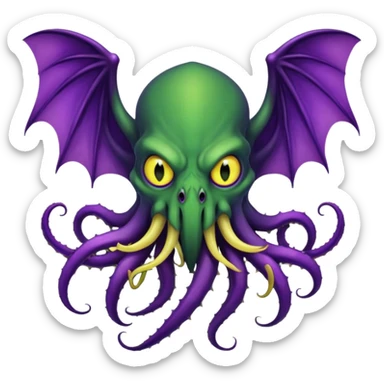 deep green Cthulhu with purple bat wings and purple gradient tentacles. Yellow angry eyes. yellow suckers on tentacles. dramatic ominous shading. two saber-teeth sticker