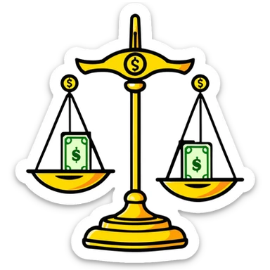 A decorative gold balance scale with green money and dollar signs on one side and three colorful stars on the other side sticker