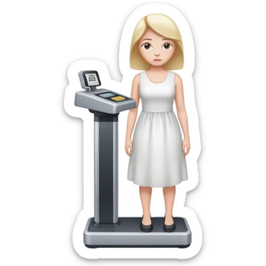 women is standing on weight check machine and she is sad because his weight is not ganaing showing weight also sticker