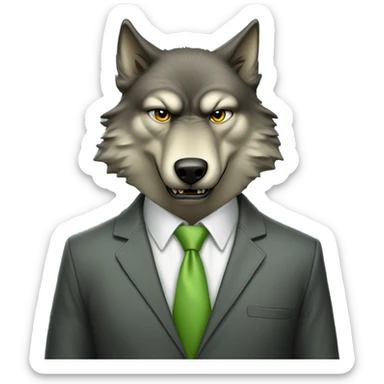 Portrait of Big Bad Angry Wolf with a human-like face wears a sleek jacket and tie like a salesman with a light green tie sticker
