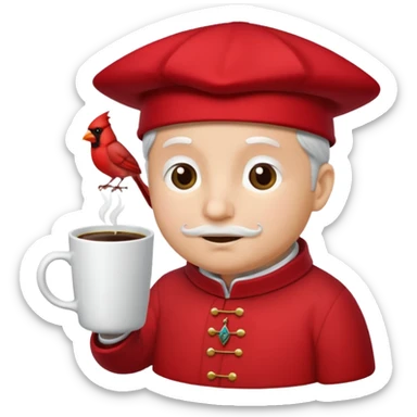 Cardinal with hat that has CMC on it and a cup of coffee sticker