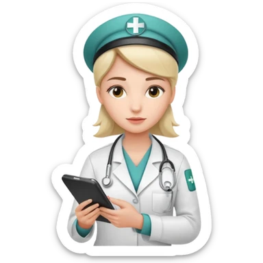 woman medic signing application for job sticker