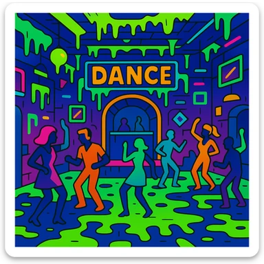 a vibrant toon style dance hall covered in slime, neon lights, and dancing figures sticker