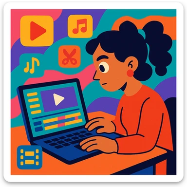 a woman editing a video on a laptop, vibrant toon style sticker