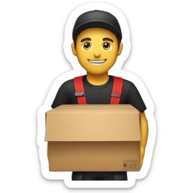 white delivery man in black and red clothes holding a box sticker