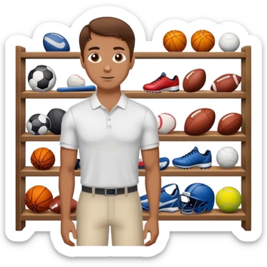 a white  salesman with brown hair standing next to a shelf where sports equipment is placed sticker