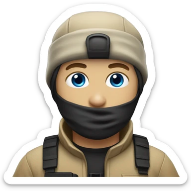 White male, face mask, tan tactical gear, tan pants, combat boots, black beanie, blue eyes sticker