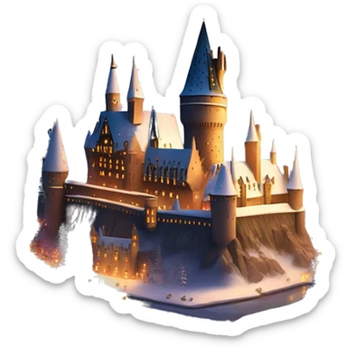 Hogwarts castle covered in snow, with warm lights glowing from the windows, creating a cozy, magical holiday scene sticker