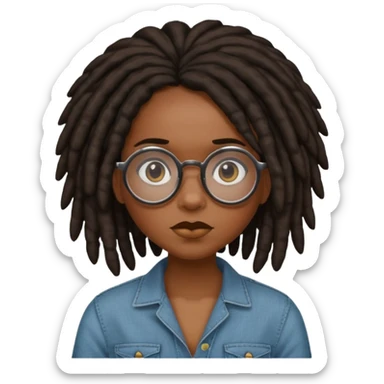 darker skin female with dark dreadlock hair wearing large round glasses saying no sticker