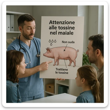 realistic scene of a veterinarian showing a diagram to a family, highlighting that the pig does not sweat and retains toxins, educational atmosphere, Italian text: 'Attenzione alle tossine nel maiale', 4K quality sticker