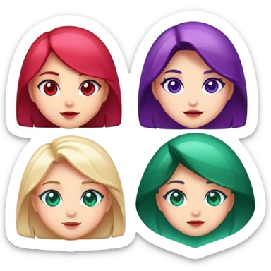 four gem characters representing ruby, sapphire, emerald, amethyst, with cute team expressions sticker