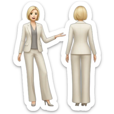 Full height Actively gesturing with hands pale skin woman with ash blonde Straightened bob Hair, White Spacious classical jacket, beige palazzo Arrow pants and gray blouse sticker